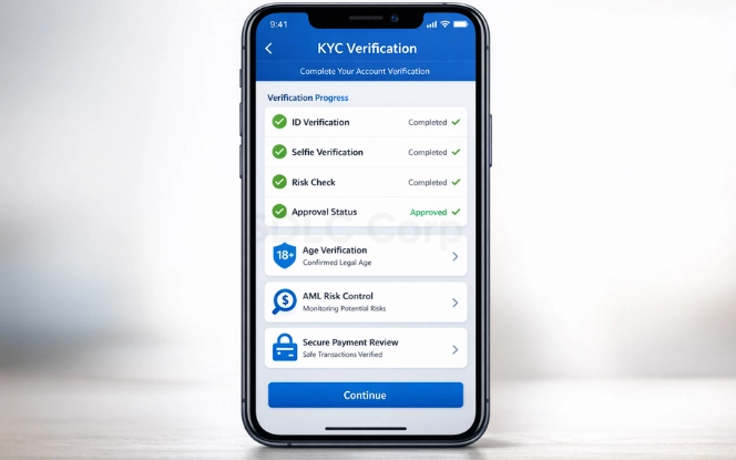 KYC overview screen displaying verified users, pending verifications, age verification results, risk alerts, and evidence storage statistics for an iGaming compliance system.