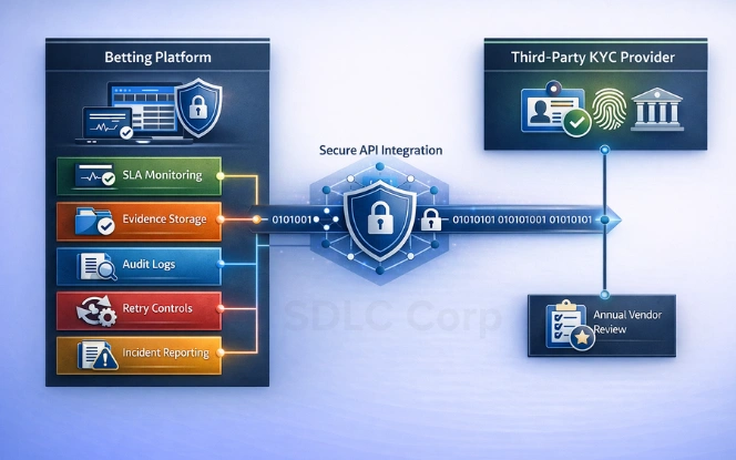 KYC vendor integration dashboard showing SLA monitoring, webhook health, audit export, and evidence retention controls.