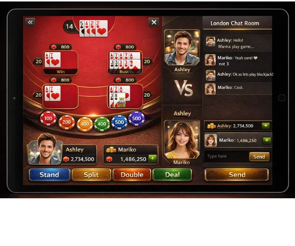 Mobile card game UI mockup showing player dashboard and gameplay table