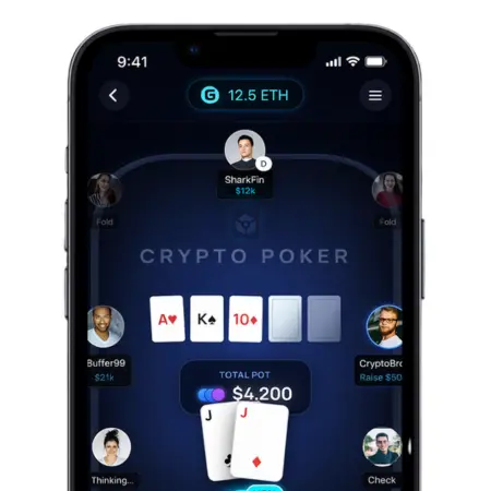Mobile crypto poker table screen with player avatars, cards, and ETH balance.