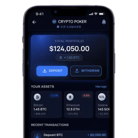 Mobile crypto poker cashier screen showing portfolio balance, deposit and withdraw buttons, crypto assets, and recent transactions.