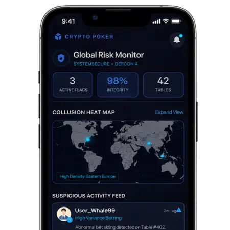 Mobile global risk monitoring screen showing active flags, integrity score, tables, collusion heat map, and suspicious activity feed.
