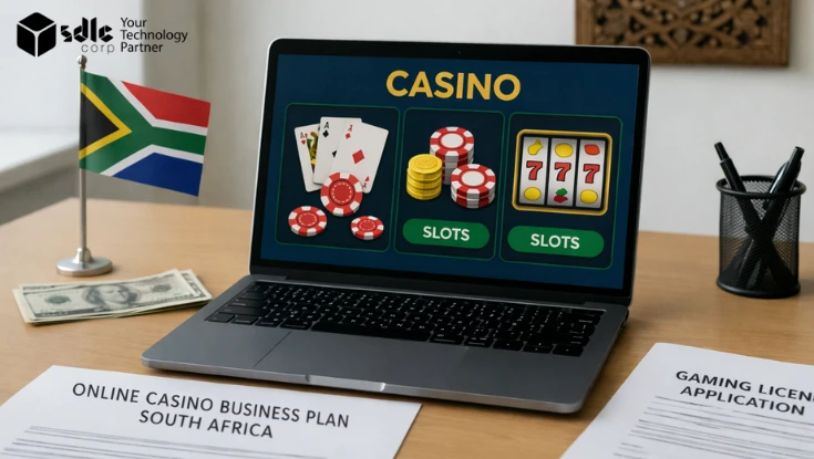South Africa online casino setup image with laptop, flag, and licensing documents.