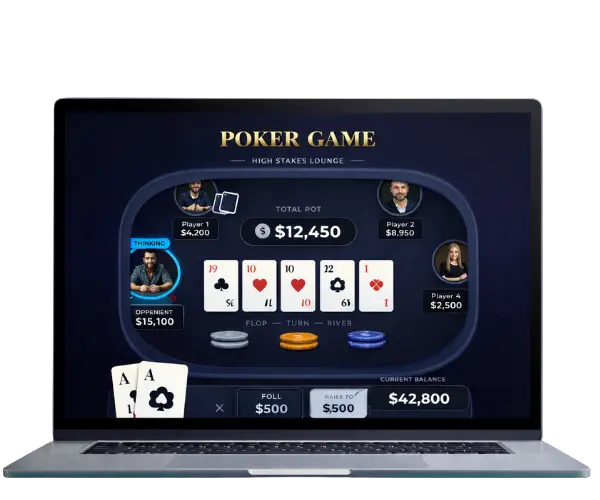 Laptop mockup showing an online poker game interface with player avatars, community cards, pot value, betting controls, and current balance.