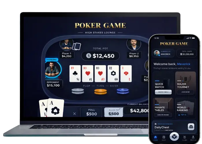 Laptop and mobile mockups showing a poker game platform with table gameplay, player cards, pot value, and lobby menu options.