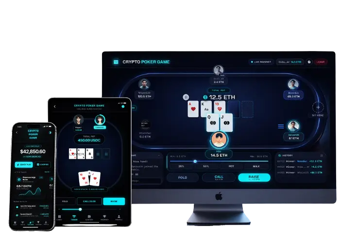 Poker game screens on laptop and iPhone showing a high-stakes table view and the lobby with match, tournament, and private table options.