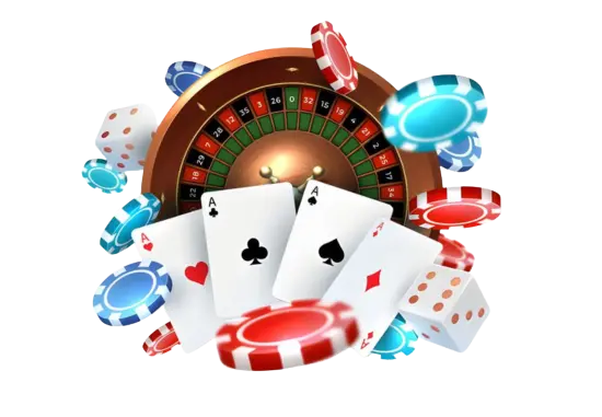 Roulette wheel with cards, dice, and poker chips (3D casino graphic).