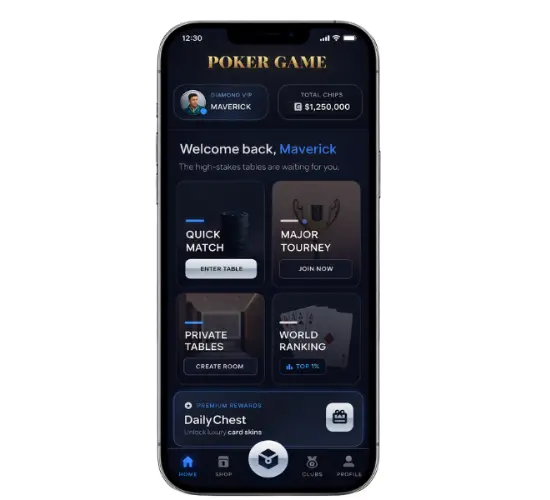 Poker mobile app lobby screen with Quick Match, Major Tourney, Private Tables, World Ranking, and Daily Chest rewards.