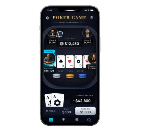 Poker mobile table screen showing players, community cards, total pot, balance, and Fold/Call/Raise action buttons.