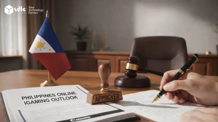 Approved Philippines online iGaming outlook document on a desk.”