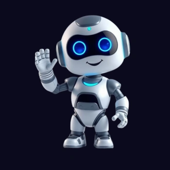 3D AI robot character with blue eyes waving on a dark background
.