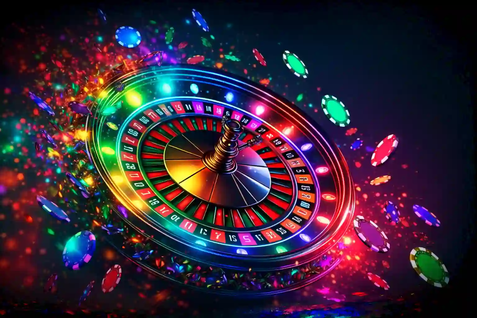 Neon roulette wheel with flying poker chips on a dark, colorful background.