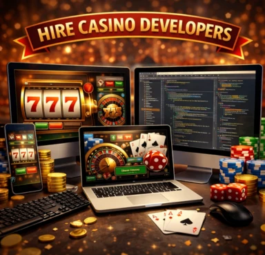 Workstation with casino game UI and code editor on multiple screens, with chips, dice, and cards on the desk.