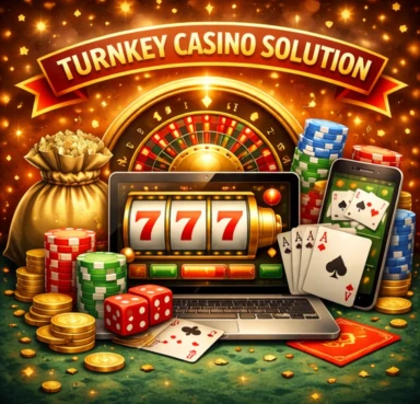 Turnkey casino solution illustration with slot game on laptop, roulette wheel, chips, coins, dice, and playing cards.