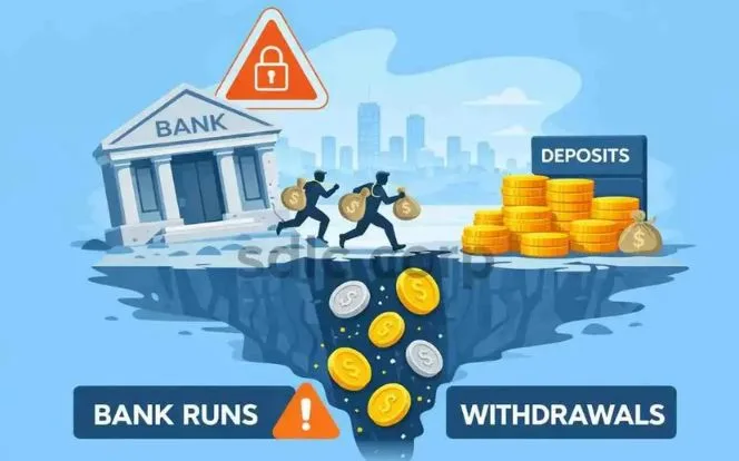 Bank run illustration with deposits as coin stacks and money falling into withdrawals pit.