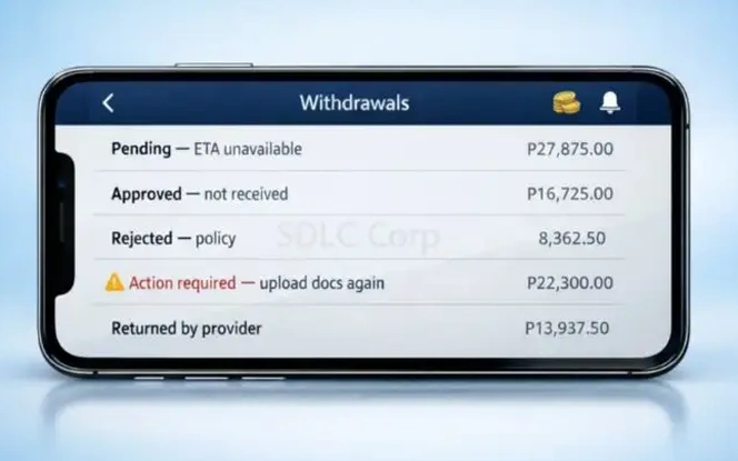 Casino withdrawal UX Philippines showing payout status, ETA, rejected withdrawal, and provider return updates on a mobile screen