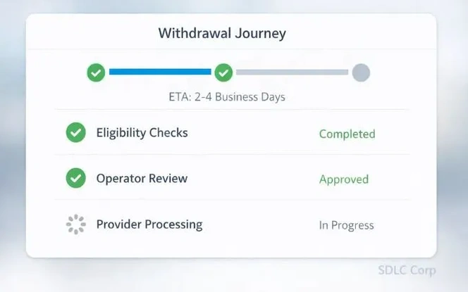 Casino withdrawal workflow UX showing eligibility checks, operator review, and provider processing stages