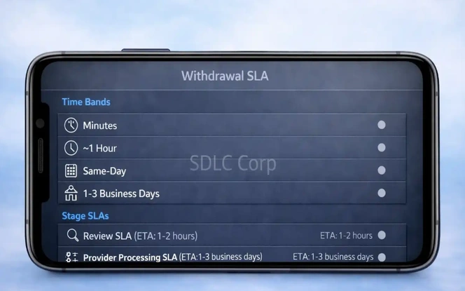 Casino withdrawal SLA screen showing payout time bands, review SLA, and provider processing SLA