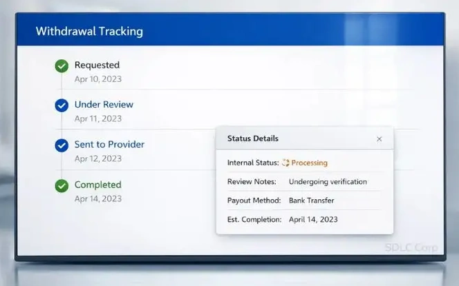 Casino withdrawal tracking screen showing user-facing status updates and internal payout details