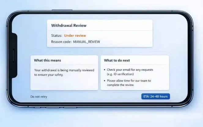 Casino withdrawal review screen showing delay reason code, manual review status, next steps, and ETA” with 24–48 hour ETA.