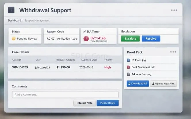 Casino withdrawal support runbook showing case status, reason code, SLA timer, escalation, and proof pack