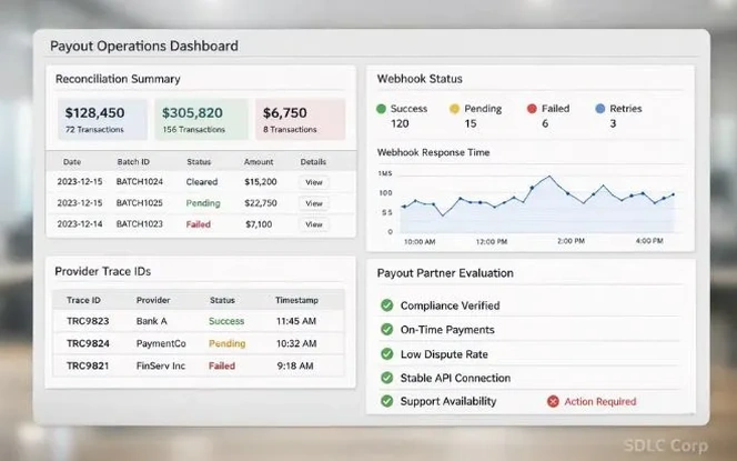 Casino payout operations dashboard showing reconciliation, webhook status, provider trace IDs, and payout partner checks