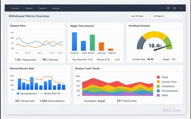 Casino withdrawal metrics dashboard showing dispute rate, stage time, pending duration, manual review rate, and reason code trends