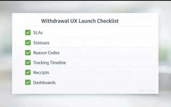 Casino withdrawal UX launch checklist showing SLAs, statuses, reason codes, tracking timeline, receipts, and dashboards