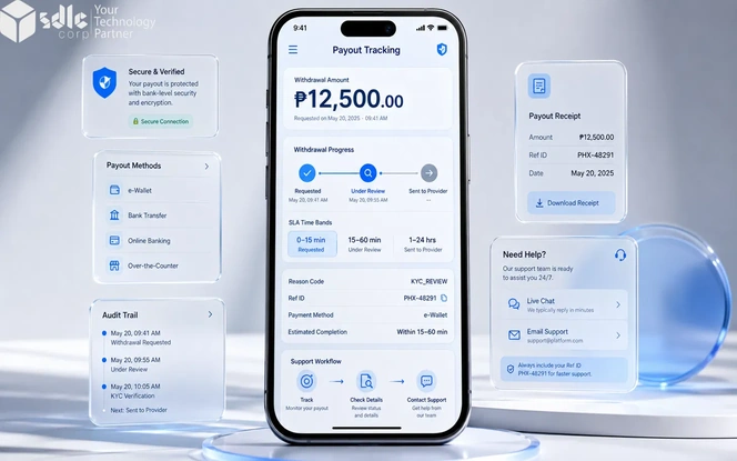 Casino withdrawal UX Philippines showing payout tracking, SLA status, reason codes, and support-ready withdrawal flow