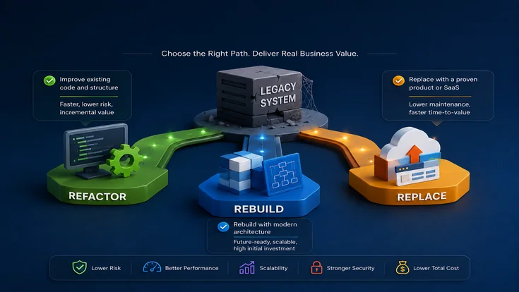 Legacy software modernization comparison showing refactor rebuild and replace options for outdated business systems