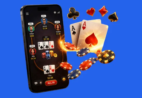 Smartphone showing an online poker table UI with player avatars, cards, and chips swirling out in a glowing spiral, with suit icons on a dark bokeh background.