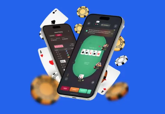 Two smartphones displaying a crypto poker software app, with one showing a live poker table and the other a hand history screen, surrounded by floating cards and chips on a dark background.