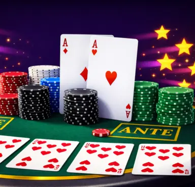 Ace cards and chip stacks image Poker software design showing ace cards, stacked chips, and a casino-style table on a purple background.