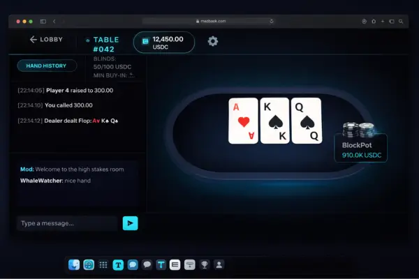 Crypto poker software interface showing a dark-theme poker table, hand history panel, community cards, pot balance in USDC, and in-game chat.