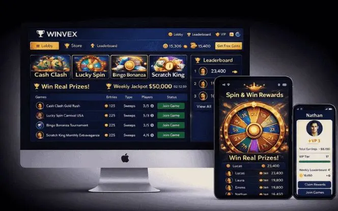 Winvex sweepstakes platform shown on desktop, tablet, and mobile screens with games, leaderboard, and rewards.