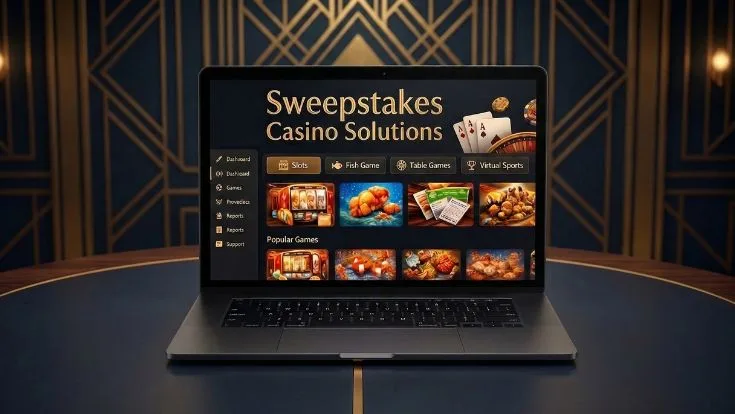 Laptop displaying a sweepstakes casino solutions dashboard with game categories and featured titles.