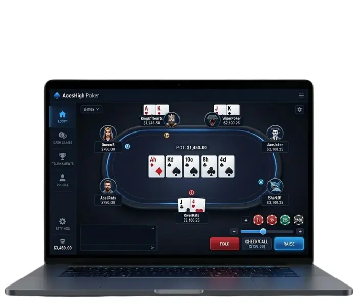 White label poker software provider interface on laptop showing online poker table and betting controls