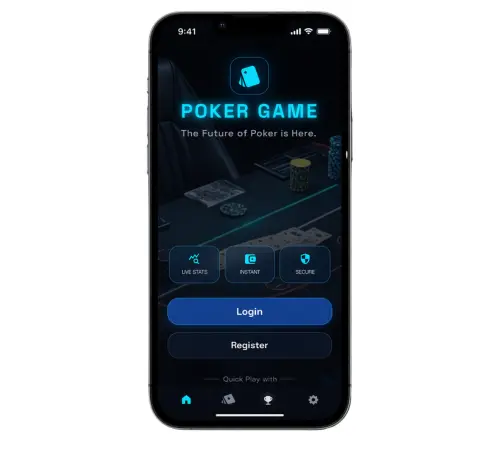 Poker mobile app login screen with live stats, secure access, and dark blue user interface