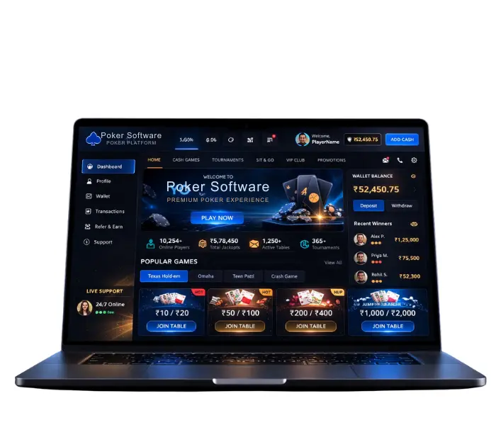 Poker mobile app login screen with live stats, secure access, and dark blue user interface