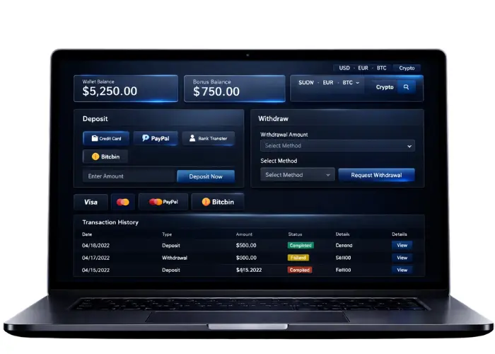 White label poker software provider laptop mockup showing poker cashier dashboard with wallet balance, deposit methods, withdrawal options, and transaction history