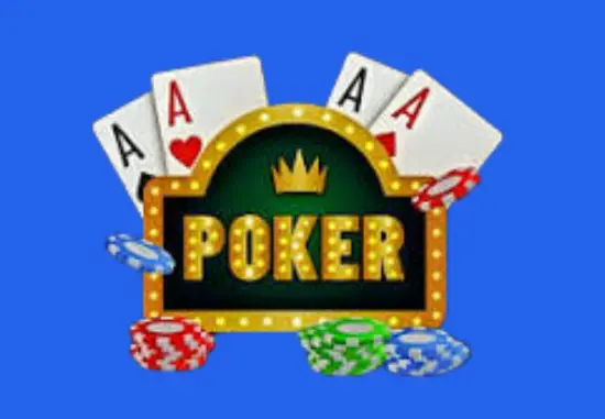 Poker logo with four aces, glowing marquee-style “POKER” sign, and colorful poker chips on a blue background.
