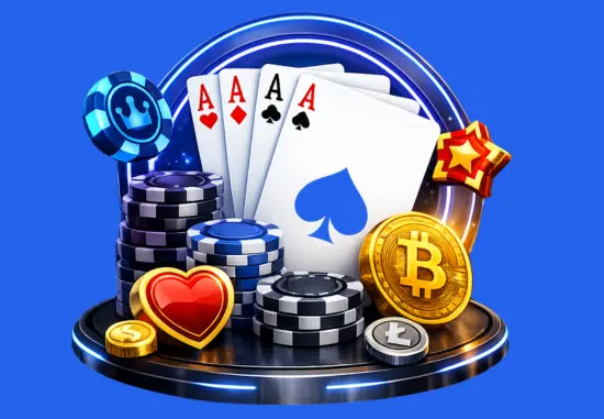 3D poker-themed illustration with four aces, stacked poker chips, a Bitcoin coin, and neon blue circular lighting on a glossy black platform.