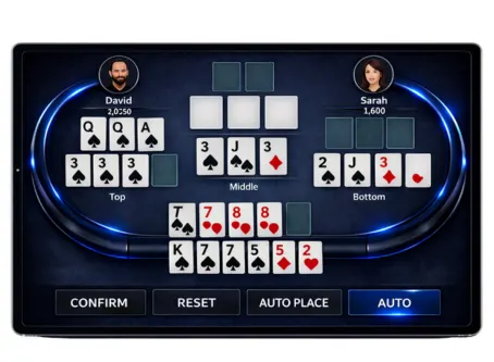Dark luxury poker software tablet screen showing card arrangement interface with blue neon table, player avatars, and action buttons