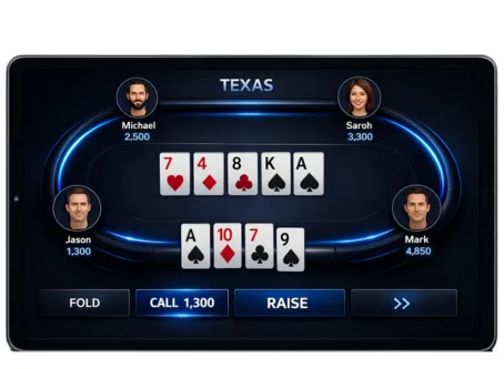 Texas Hold’em poker software interface on premium tablet with dark luxury blue neon table, player avatars, community cards, and action buttons