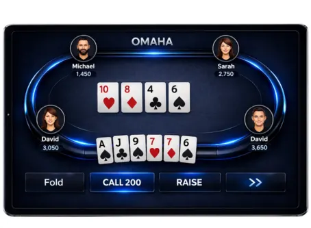 Omaha poker software on tablet with premium dark blue poker UI, player avatars, cards, and action buttons