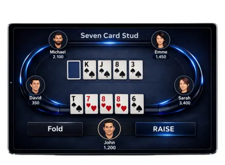 Omaha poker software on tablet with premium dark blue poker UI, player avatars, cards, and action buttons