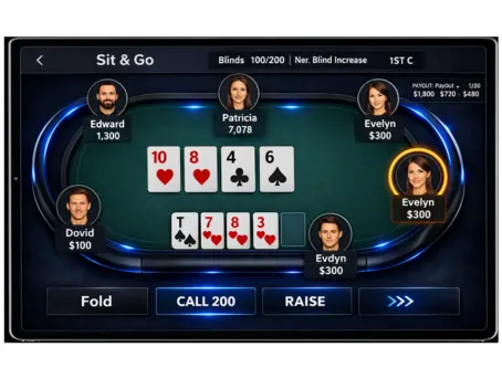 Sit and Go poker software UI on tablet with tournament details, player stacks, community cards, and blue neon table design
