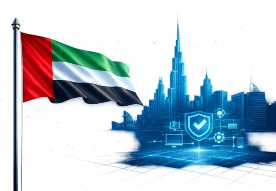 Dubai software development company banner with Dubai flag and skyline
