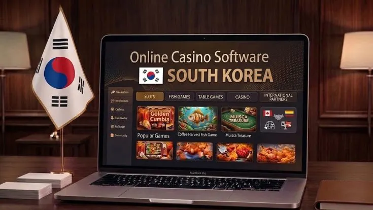 Laptop displaying online casino software for south korea with game categories and south korea flag.