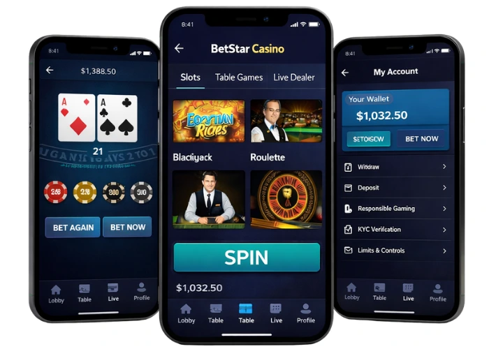Three smartphones displaying a branded casino mobile UI with lobby navigation, live table gameplay, wallet balance, and account settings.